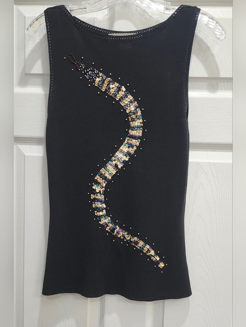 VTG Y2K Lucia Burns Sequin Top Sleeveless Black Stretch Knit Size Large Artsy